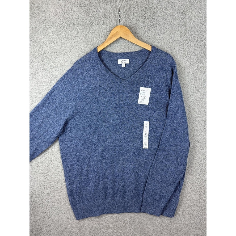 Croft & Barrow Sweater Mens XL Blue Cotton Easy Care V Neck Knit Pullover New